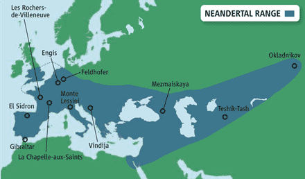 Map showing range of Neanderthals. From Science Magazine. (Click on image to view larger.)